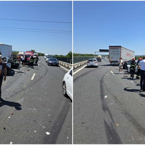 FOTO: ACCIDENT pe Autostrada A1, între Deva și Lugoj. Carambol cu cinci autoturisme, o camionetă și un TIR