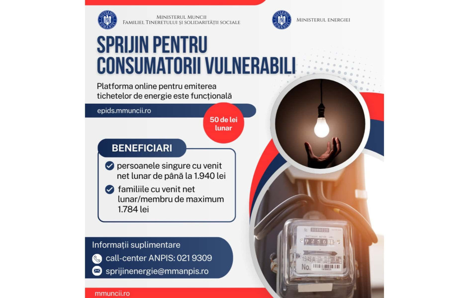 Carduri de energie 2025: sprijin lunar de 50 lei pentru vulnerabili